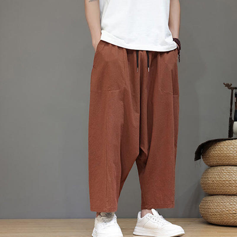Buddha Stones Casual Plain Low Crotch Design Drawstring Men's Cotton Elastic Waistband Wide Leg Pants With Pockets - image 24