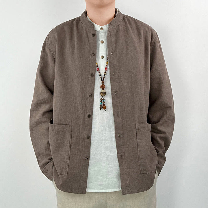 Buddha Stones Casual Solid Color Ramie Linen Cotton Men's Shirt With Pockets - SaddleBrown - US/UK/AU42，EU52 (3XL) - image 8