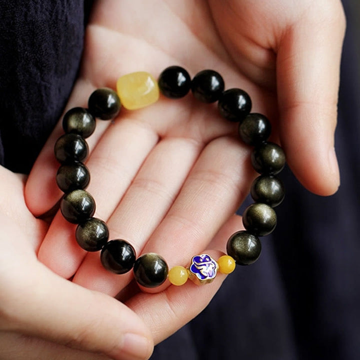 Buddha Stones 925 Sterling Silver Chinese Zodiac Natal Buddha Natural Gold Sheen Obsidian Amber Wealth Protection Bracelet - image 9