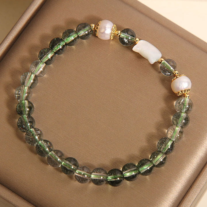 Buddha Stones Natural Green Phantom Pearl Shell Cat Head Lucky Bracelet - image 2