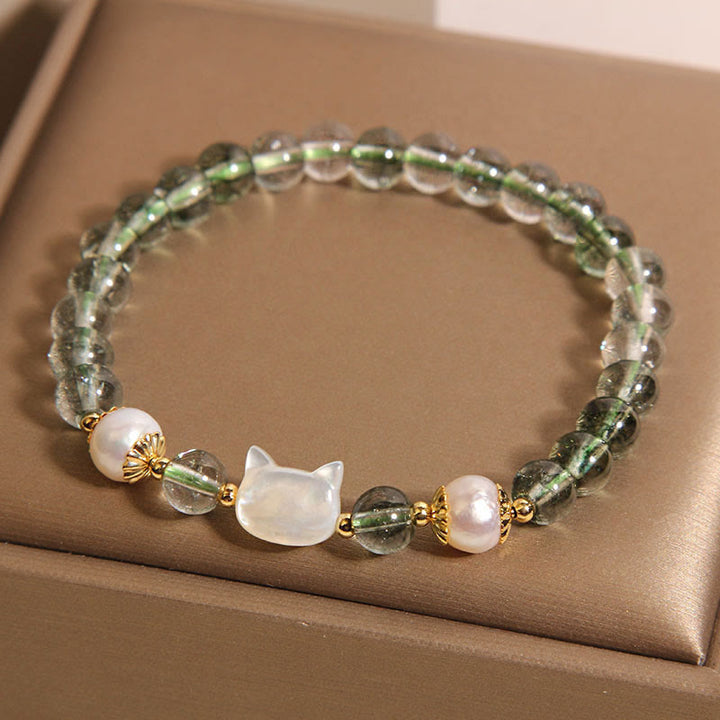 Buddha Stones Natural Green Phantom Pearl Shell Cat Head Lucky Bracelet - Green Phantom(Wrist Circumference 14-16cm) - image 0