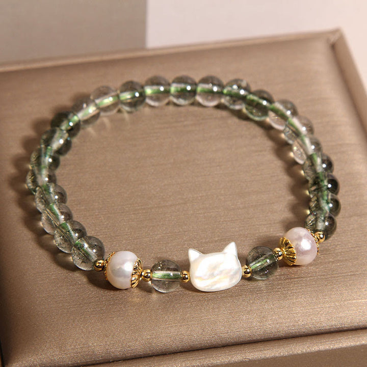 Buddha Stones Natural Green Phantom Pearl Shell Cat Head Lucky Bracelet - image 1