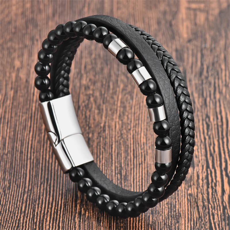 Buddha Stones Frosted Stone Multi-layer Leather Titanium Steel Balance Buckle Bracelet - Silver(Wrist Circumference: 18-20cm) - image 7