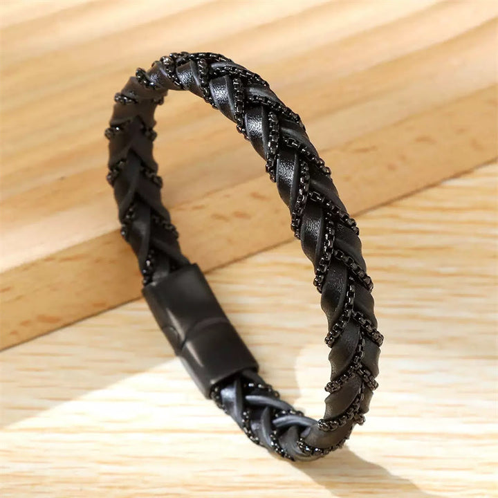 Buddha Stones Simple Design Titanium Steel Calm Braided Leather Buckle Bracelet - Black(Wrist Circumference: 18-20cm) - image 11