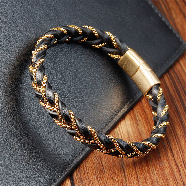 Buddha Stones Simple Design Titanium Steel Calm Braided Leather Buckle Bracelet - image 3