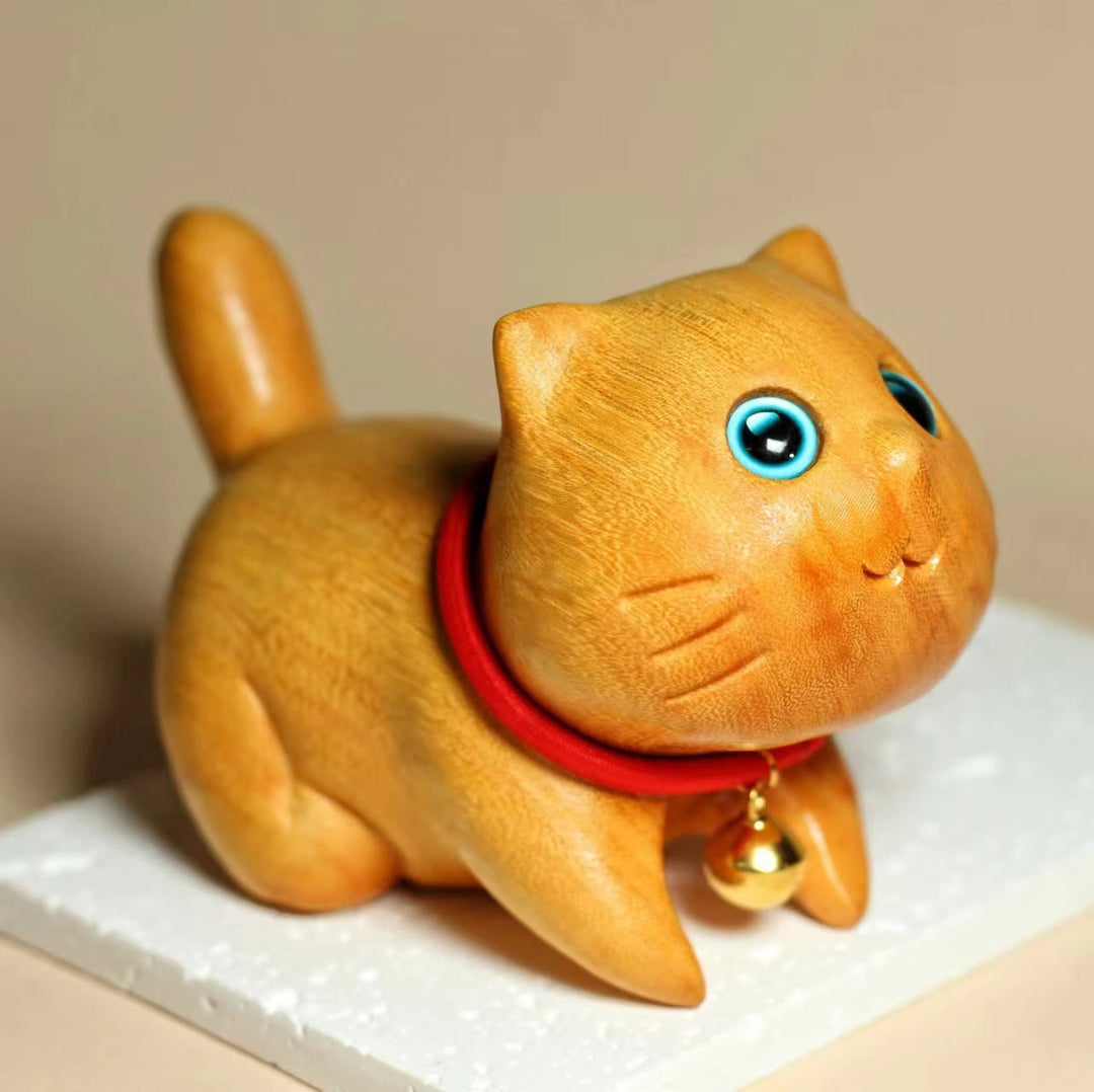 Buddha Stones Mini Sandalwood Carved Lucky Confident Cat Healing Decoration - 3.94*2.76*2.17 in (10*7*5.5 cm) - image 6