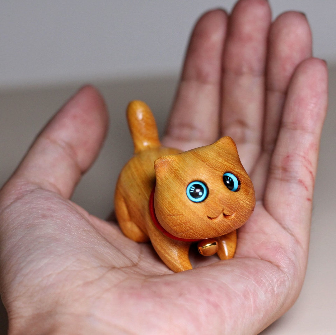 Buddha Stones Mini Sandalwood Carved Lucky Confident Cat Healing Decoration - image 10