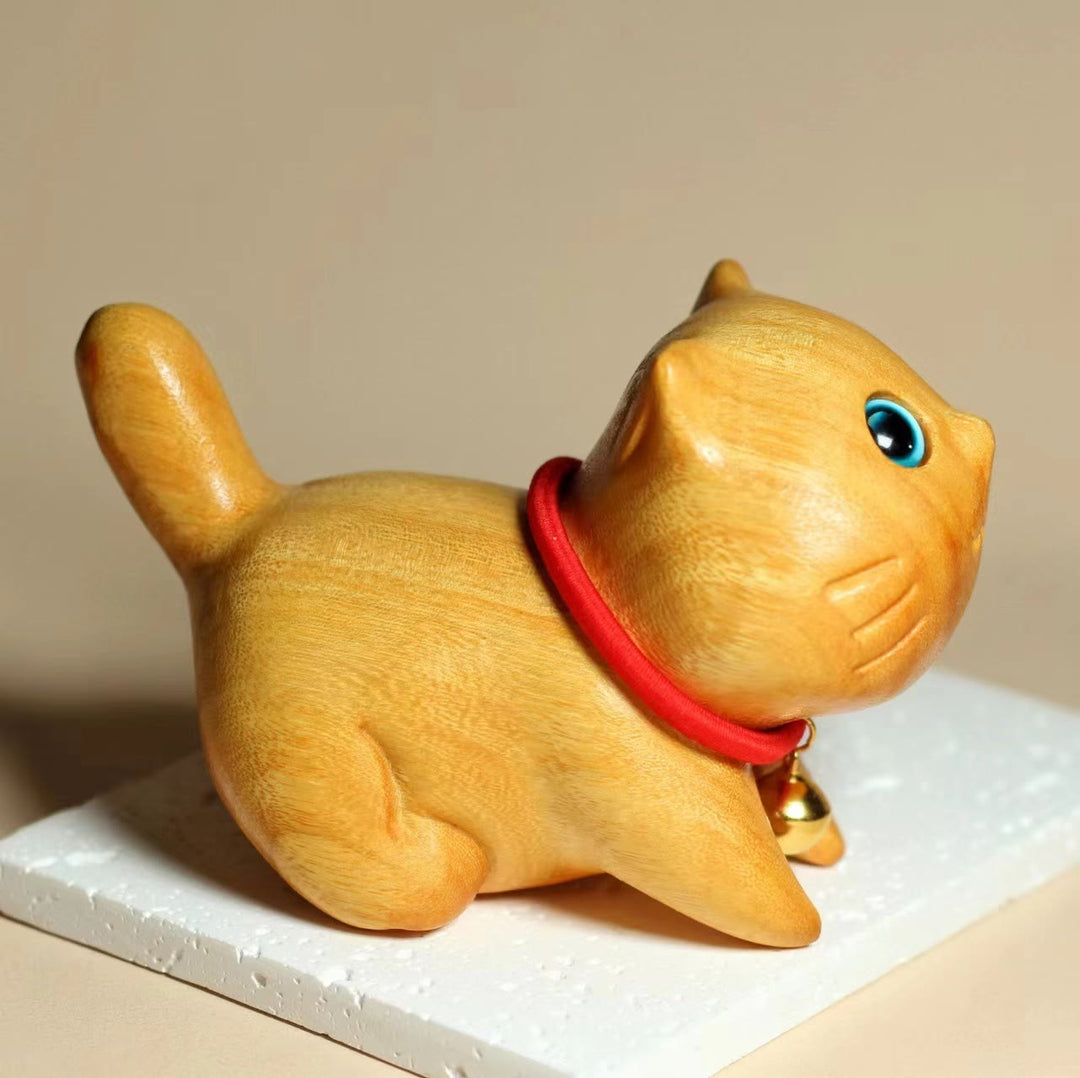Buddha Stones Mini Sandalwood Carved Lucky Confident Cat Healing Decoration - image 8