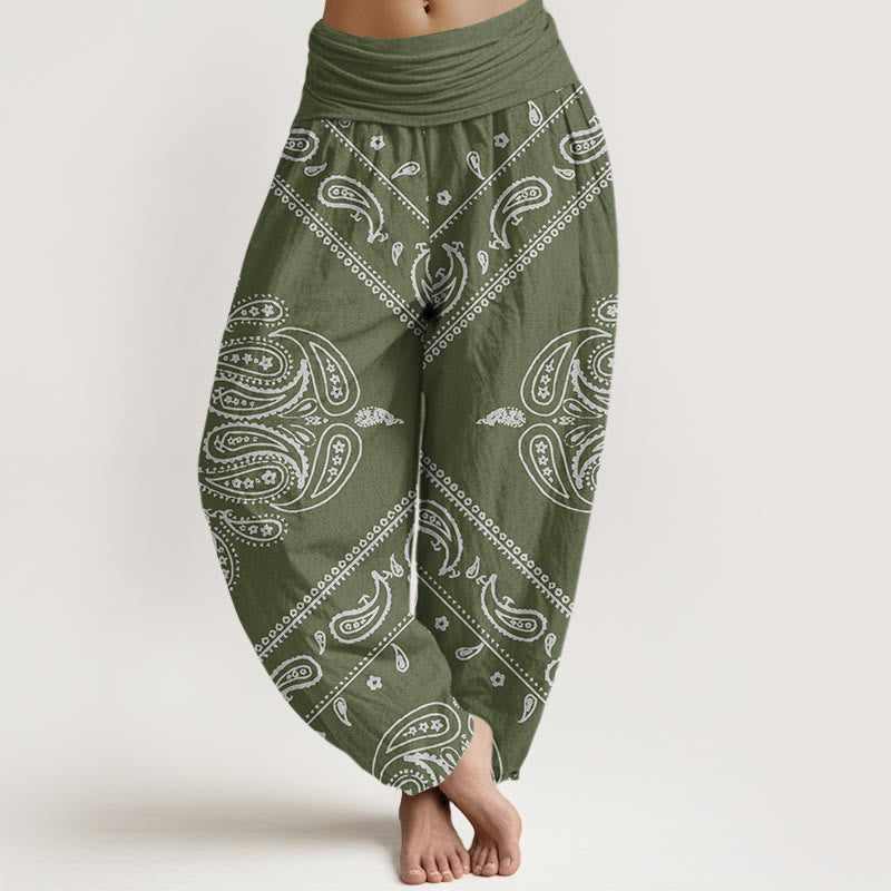 Buddha Stones Cotton Casual Floral Leaf Paisley Pattern Women's Elastic Waist Harem Pants - DarkSeaGreen - US22，UK/AU26，EU54 (6XL) - image 4
