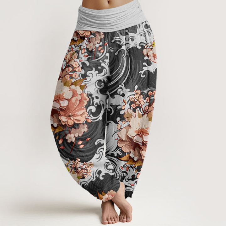 Buddha Stones Cotton Casual Wave And Floral Pattern Women's Elastic Waist Harem Pants - DimGray - US22，UK/AU26，EU54 (6XL) - image 0