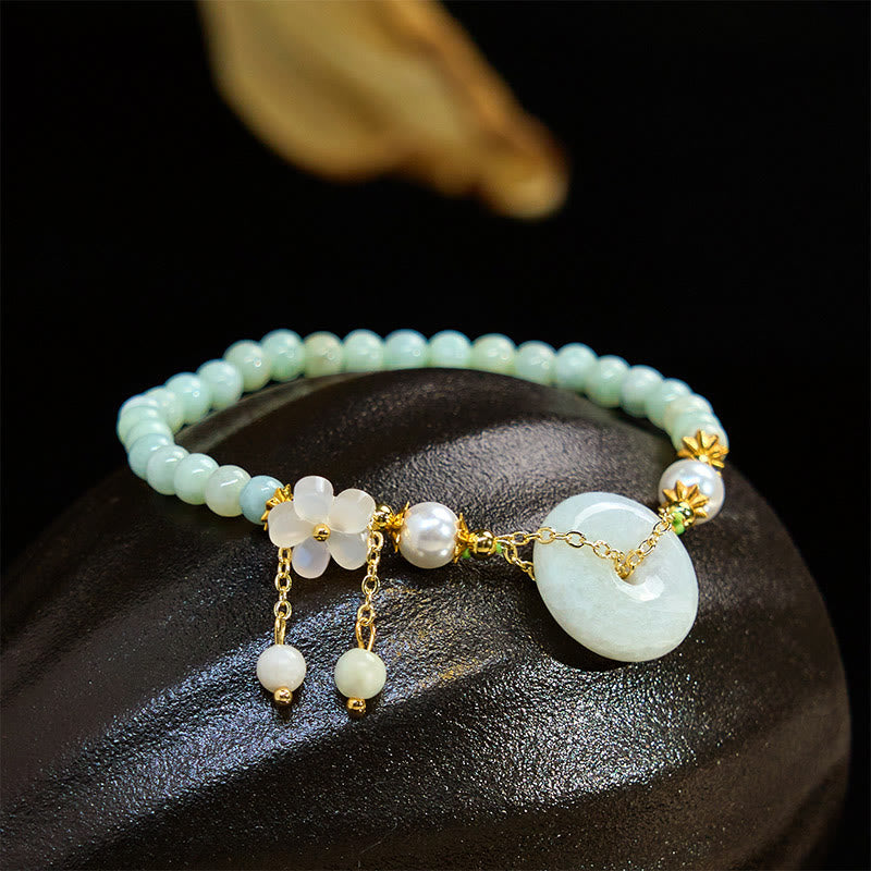 Buddha Stones Jade Peace Buckle Beads Flower Prosperity Bracelet - Jade(Wrist circumference: 15-16cm) - image 0