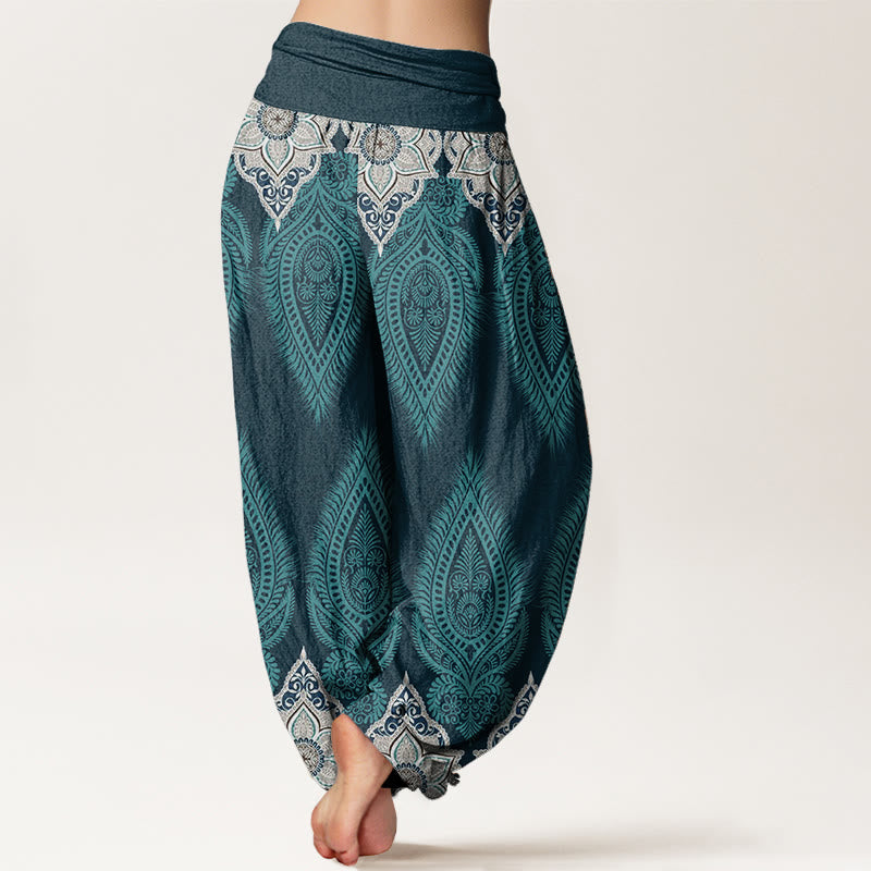 Buddha Stones Pure Cotton Casual Feather Flower Design Women's Elastic Waist Harem Pants - image 2