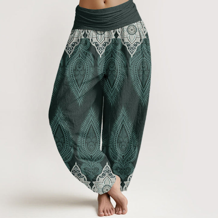 Buddha Stones Pure Cotton Casual Feather Flower Design Women's Elastic Waist Harem Pants - CadetBlue - US22，UK/AU26，EU54 (6XL) - image 5