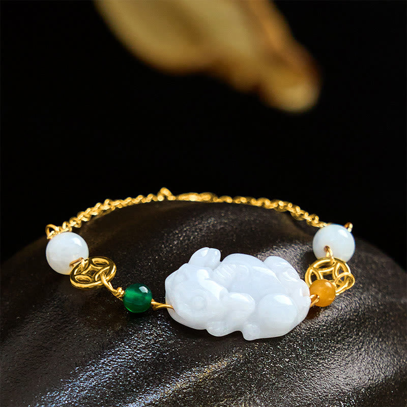 Buddha Stones Natural Jade PiXiu Carved Copper Coin Luck Chain Bracelet - Jade(Wrist Circumference: 14-20cm) - image 0