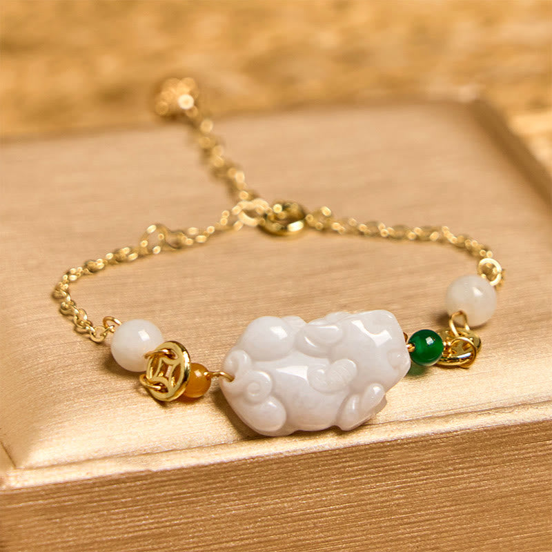Buddha Stones Natural Jade PiXiu Carved Copper Coin Luck Chain Bracelet - image 1