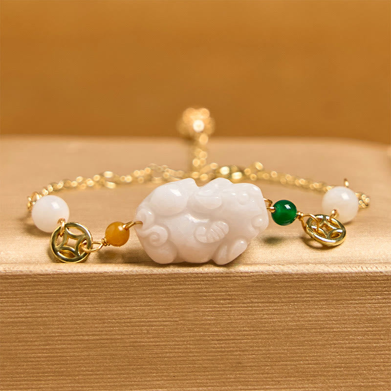 Buddha Stones Natural Jade PiXiu Carved Copper Coin Luck Chain Bracelet - image 2