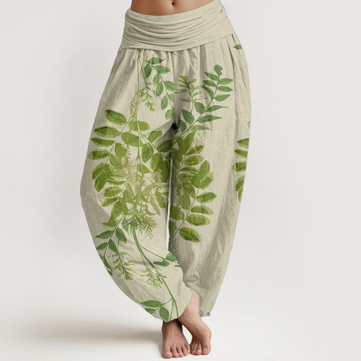 Buddha Stones Pure Cotton Green Leaves Branches Women's Elastic Waist Harem Pants - PaleGoldenrod - US22，UK/AU26，EU54 (6XL) - image 0