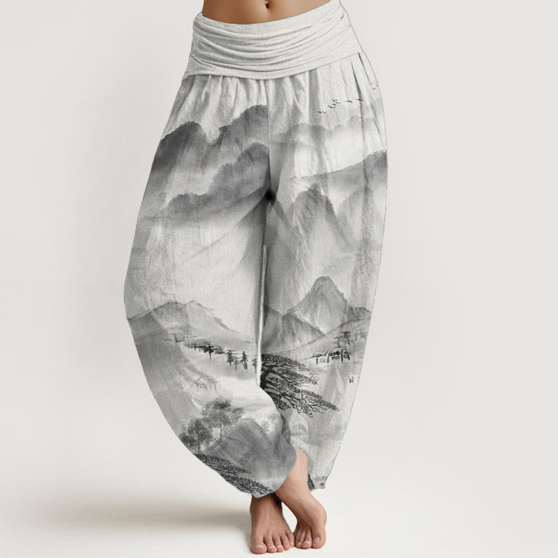 Buddha Stones Pure Cotton Mountains Trees Landscape Ink Painting Women's Elastic Waist Harem Pants - Gray - US22，UK/AU26，EU54 (6XL) - image 0