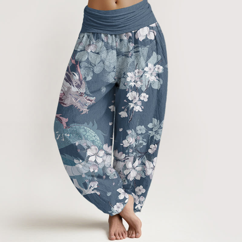 Buddha Stones Pure Cotton Casual Dragon Cherry Blossoms Women's Elastic Waist Harem Pants - SteelBlue - US22，UK/AU26，EU54 (6XL) - image 5