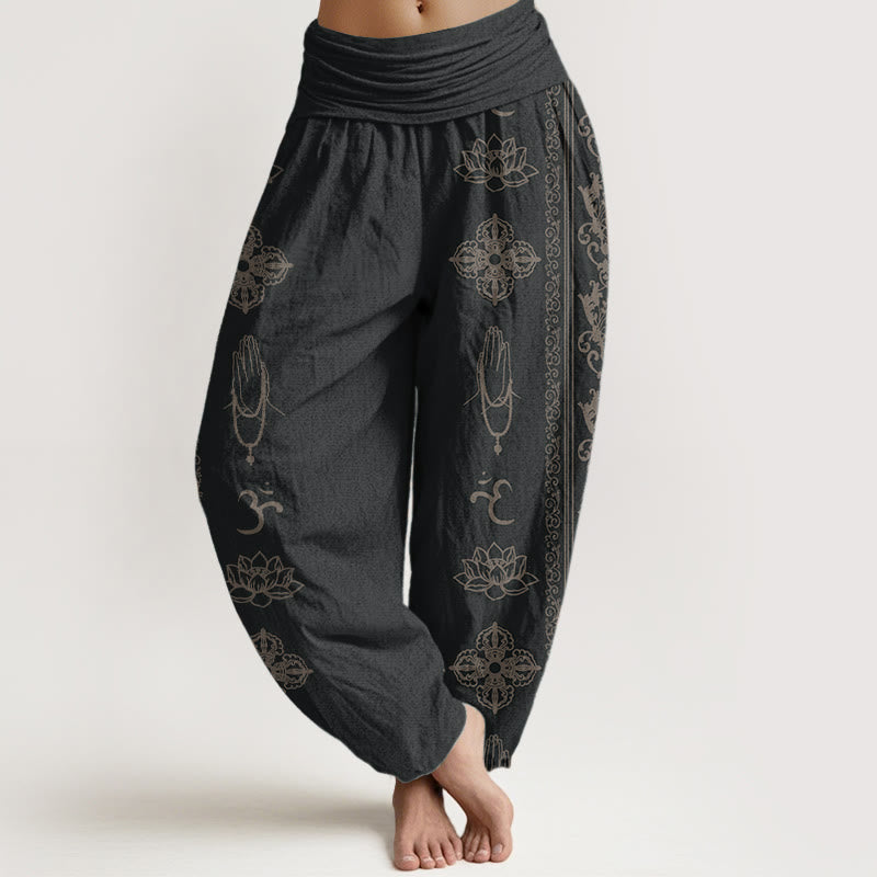 Buddha Stones Pure Cotton Lotus Flowers Double Dorje Vajra Namaste Om Design Women's Elastic Waist Harem Pants - Black - US22，UK/AU26，EU54 (6XL) - image 0