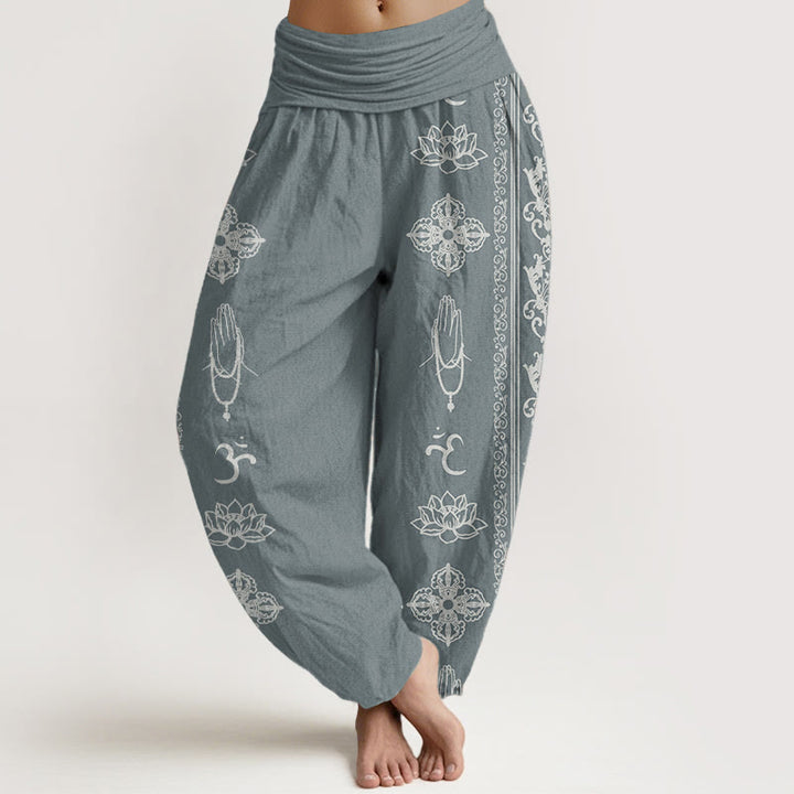 Buddha Stones Pure Cotton Lotus Flowers Double Dorje Vajra Namaste Om Design Women's Elastic Waist Harem Pants - CadetBlue - US22，UK/AU26，EU54 (6XL) - image 5
