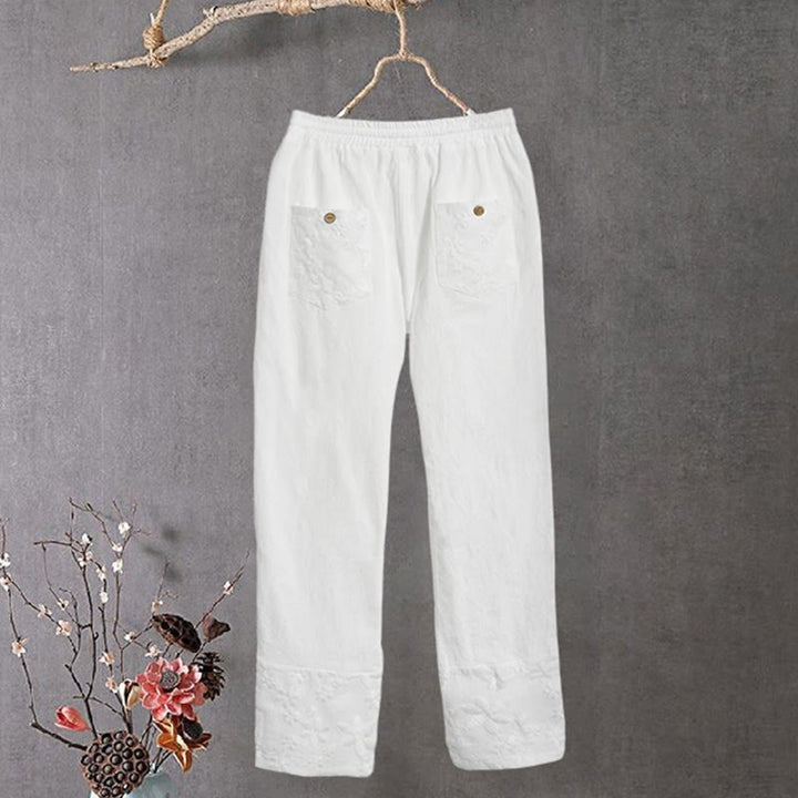 Buddha Stones White Lace Patchwork Design Women's Cotton Linen Pants With Pockets - image 1