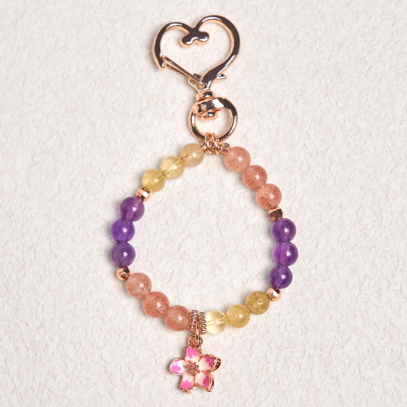 Buddha Stones Natural Strawberry Quartz Amethyst Citrine Love Flower Charm Key Chain Hanging Decoration - image 1