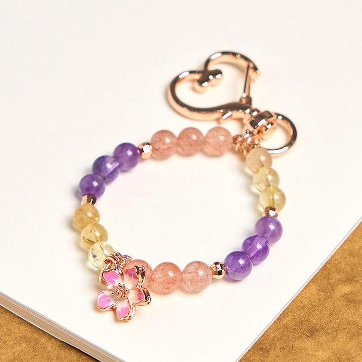 Buddha Stones Natural Strawberry Quartz Amethyst Citrine Love Flower Charm Key Chain Hanging Decoration - Strawberry Quartz Amethyst Citrine - image 0
