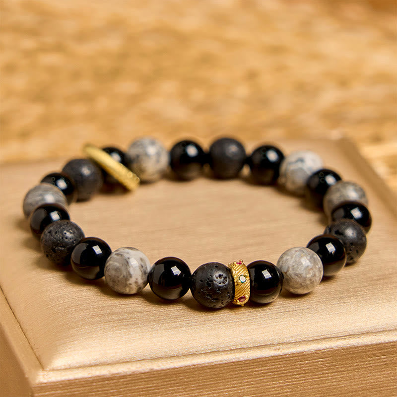 Buddha Stones Lava Rock Black Onyx Picasso Jasper Healing Bracelet - image 1