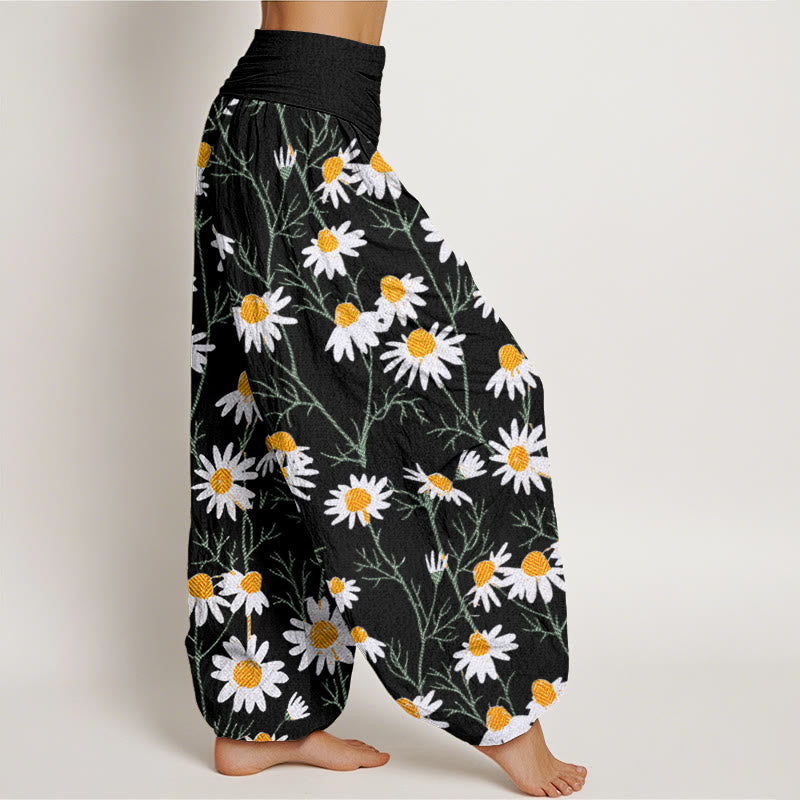 Buddha Stones Cotton White Petals Daisy Pattern Women's Elastic Waist Harem Pants - image 6