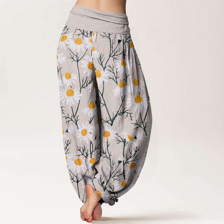 Buddha Stones Cotton White Petals Daisy Pattern Women's Elastic Waist Harem Pants - image 8