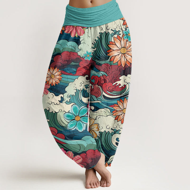 Buddha Stones Cotton Colorful Ocean Wave Various Flower Pattern Women's Elastic Waist Harem Pants - MediumTurquoise - US22，UK/AU26，EU54 (6XL) - image 0