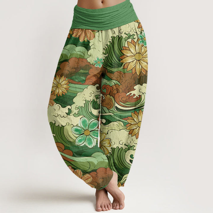 Buddha Stones Cotton Colorful Ocean Wave Various Flower Pattern Women's Elastic Waist Harem Pants - Green - US22，UK/AU26，EU54 (6XL) - image 4