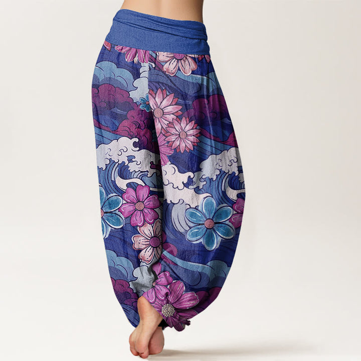 Buddha Stones Cotton Colorful Ocean Wave Various Flower Pattern Women's Elastic Waist Harem Pants - image 8