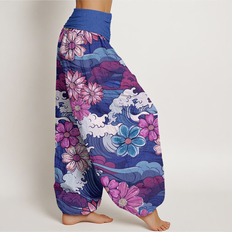 Buddha Stones Cotton Colorful Ocean Wave Various Flower Pattern Women's Elastic Waist Harem Pants - image 9