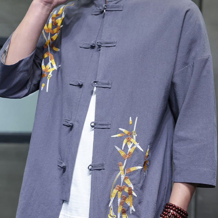 Buddha Stones Embroidery Men's  Chinese Frog-Button Three Quarter Sleeve Shirt Clothing - image 27