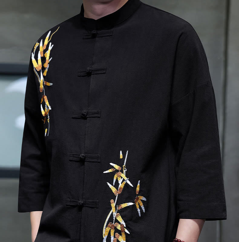 Buddha Stones Embroidery Men's  Chinese Frog-Button Three Quarter Sleeve Shirt Clothing - image 4