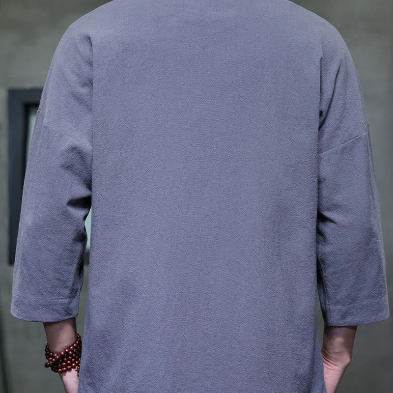 Buddha Stones Embroidery Men's  Chinese Frog-Button Three Quarter Sleeve Shirt Clothing - image 23