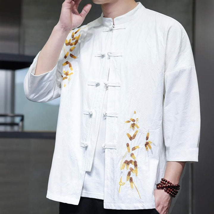 Buddha Stones Embroidery Men's  Chinese Frog-Button Three Quarter Sleeve Shirt Clothing - image 7