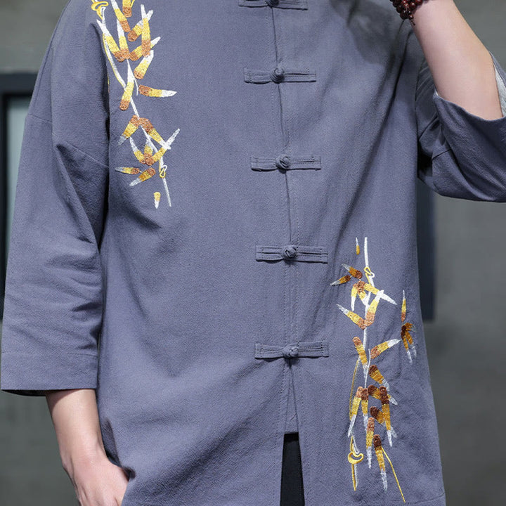 Buddha Stones Embroidery Men's  Chinese Frog-Button Three Quarter Sleeve Shirt Clothing - image 24