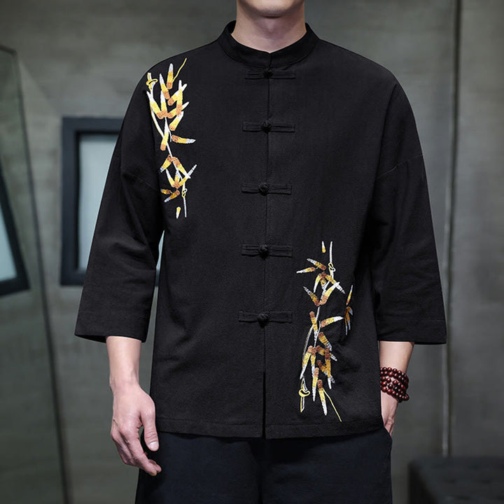 Buddha Stones Embroidery Men's  Chinese Frog-Button Three Quarter Sleeve Shirt Clothing - Black - US/UK/AU46，EU56 (5XL) - image 0