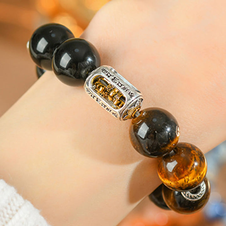 Buddha Stones Natural Silver Sheen Obsidian Tiger Eye Vajra Protection Bracelet - image 9