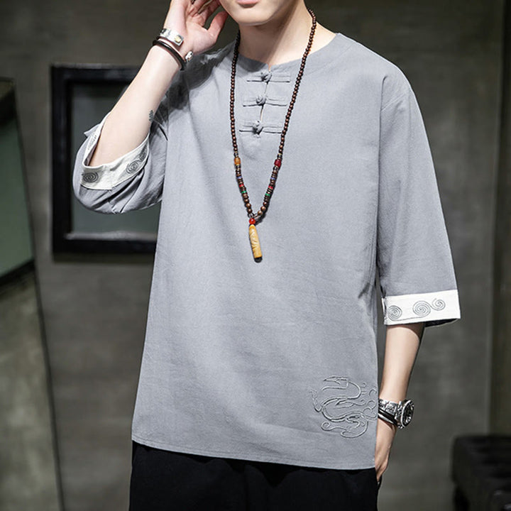 Buddha Stones Summer Embroidery Plain Frog-Button Men's Crew Neck Half Sleeve Cotton Linen Shirt Clothing - image 3