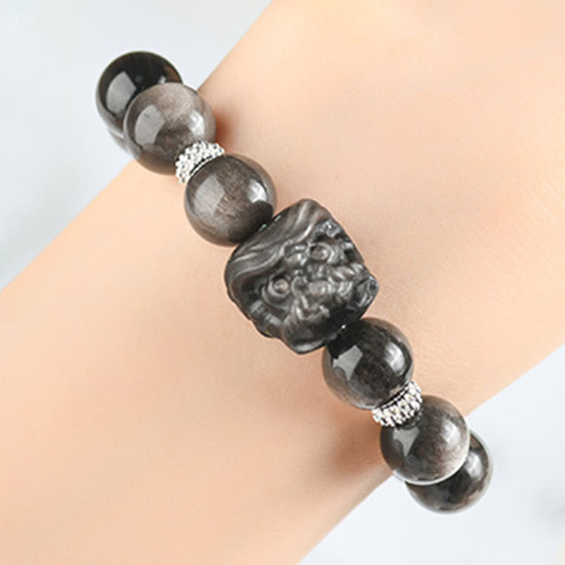 Buddha Stones Natural Silver Sheen Obsidian Lion Dance Protection Bracelet - image 9