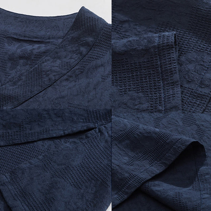 Buddha Stones Ethnic Distressed Jacquard Frog-Button Men's Stand Collar Half Sleeve Cotton Linen Shirt Tai Chi Clothes - image 11