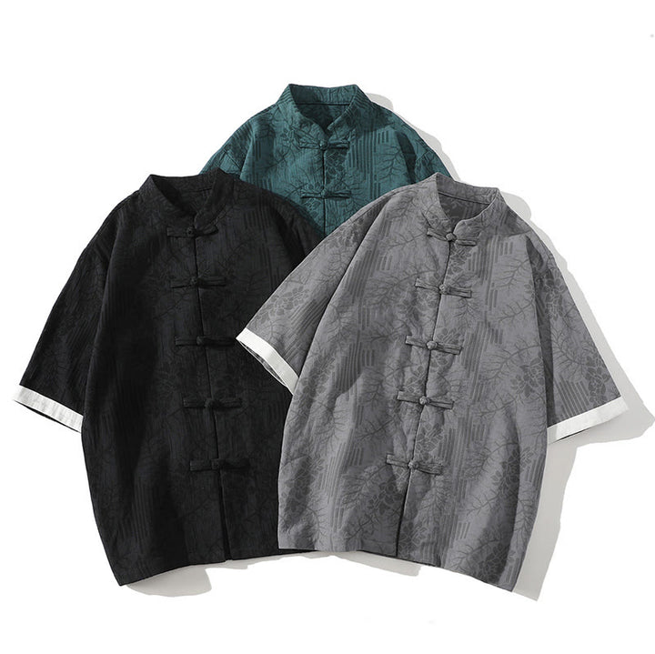 Buddha Stones Casual Summer Jacquard Floral Pattern Frog-Button Men's Stand Collar Contrasting Color Half Sleeve Cotton Shirt - image 10