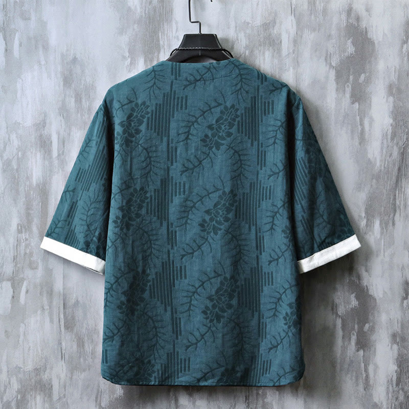Buddha Stones Casual Retro Jacquard Chinese Frog-Button Design Men's Crew Neck Half Sleeve Cotton Shirt - image 6