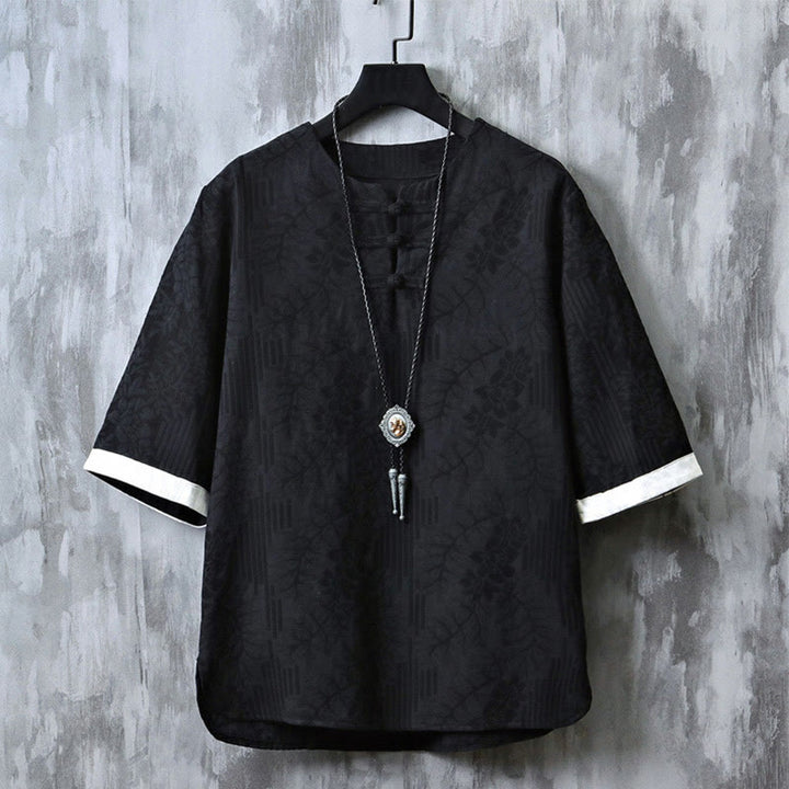 Buddha Stones Casual Retro Jacquard Chinese Frog-Button Design Men's Crew Neck Half Sleeve Cotton Shirt - Black - US/UK/AU46，EU56 (5XL) - image 3