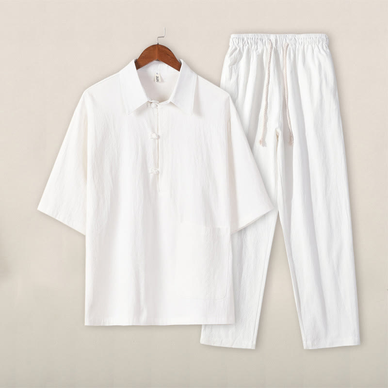 Buddha Stones Casual 2Pcs Pure Color Half Button Design Shirt Drawstring Pants Men's Cotton Meditation Cloth Set With Pockets - White Top White Pants - US/UK/AU46，EU56 (5XL) - image 11