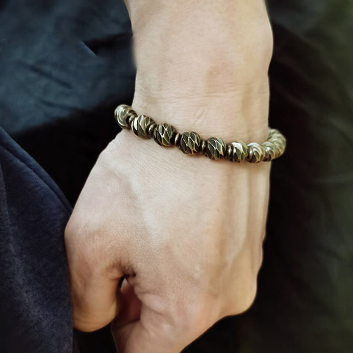 Buddha Stones Vintage Distressed Knife Carving Pattern Copper Brass Beads Wealth Bracelet - image 11